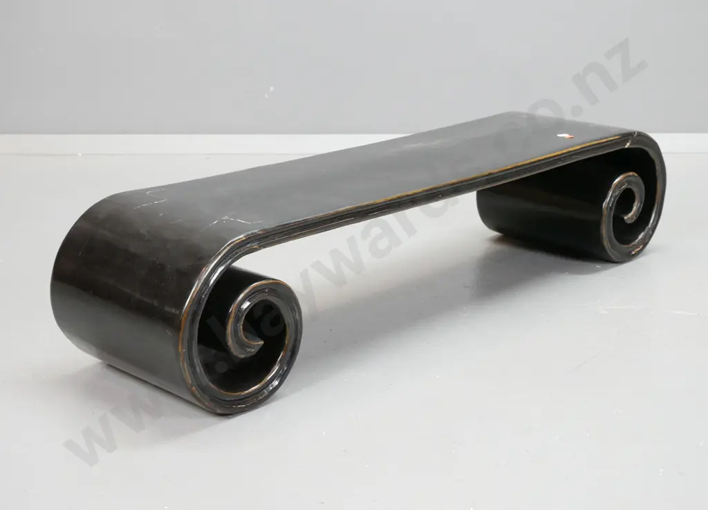 Chinese black lacquer low scroll table with gilt decoration - cracked lacquer over dove-tail joins in where top joins Image 1++