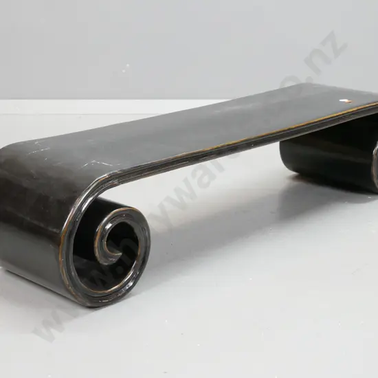 Chinese black lacquer low scroll table with gilt decoration - cracked lacquer over dove-tail joins in where top joins