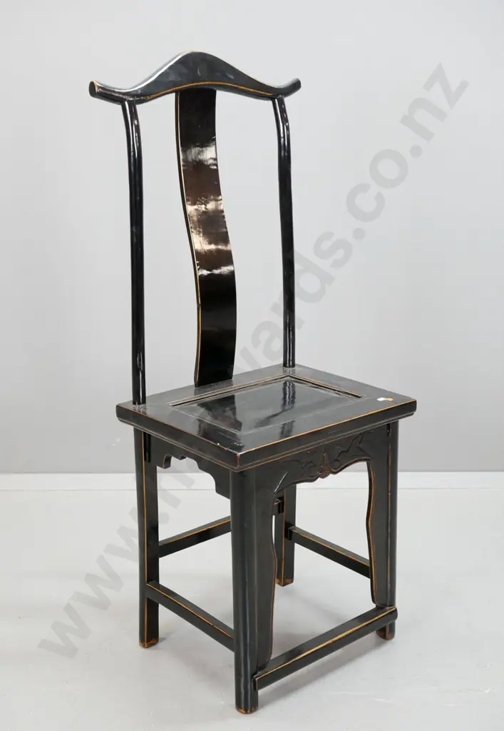 Chinese elm yoke back chair with black laquer finish, panelled seat, shaped brackets  to foot rest, stretcher base - Image 1++