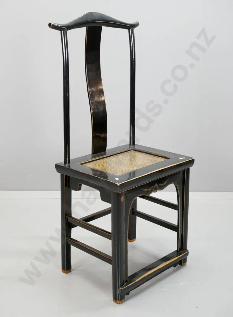 Chinese elm yoke back chair with black laquer finish, woven cane seat panel, shaped brackets on sides, on stretcher base Image 1++