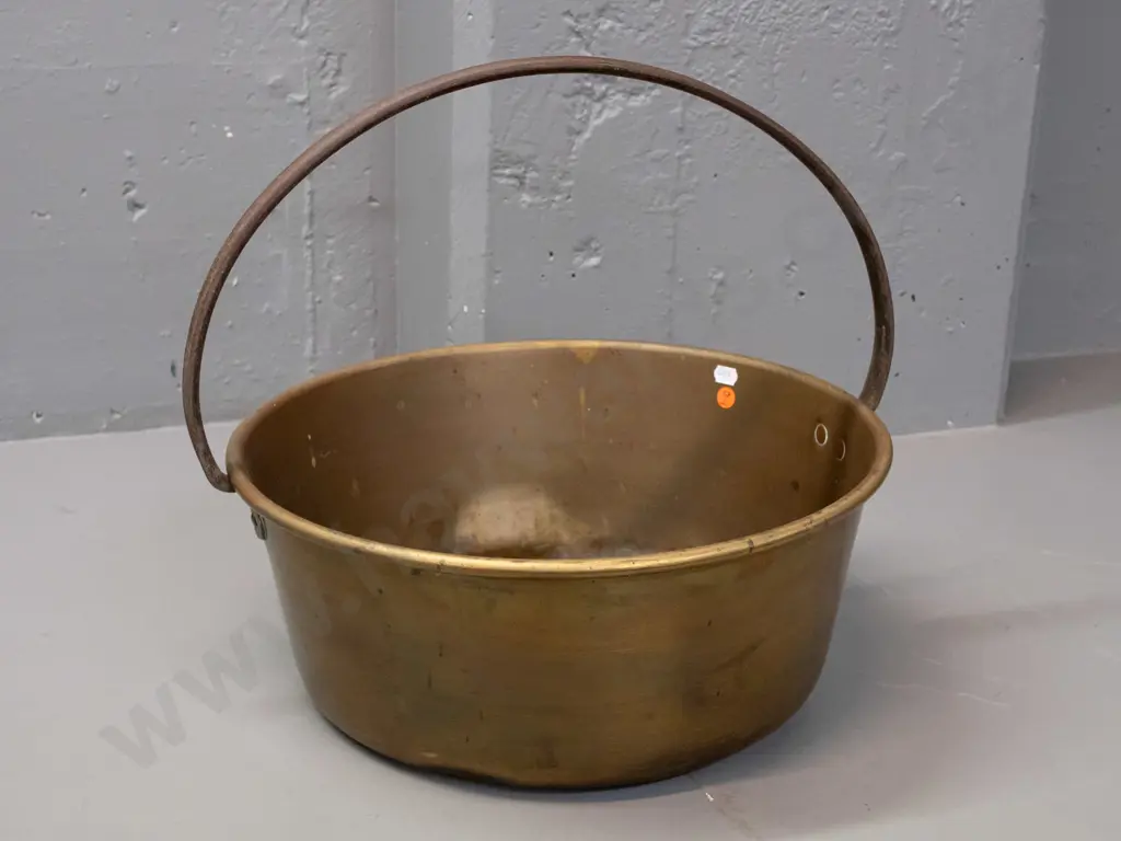 vintage brass jam pan with fixed cast metal handle - dents and discolouration, corrosion on handle H-375 D-420 Image 1++