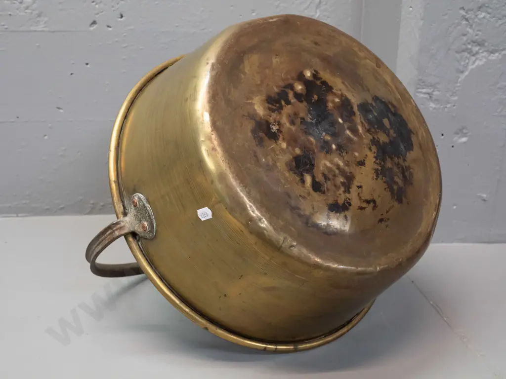 vintage brass jam pan with fixed cast metal handle - dents and discolouration, corrosion on handle H-375 D-420 Image 1++