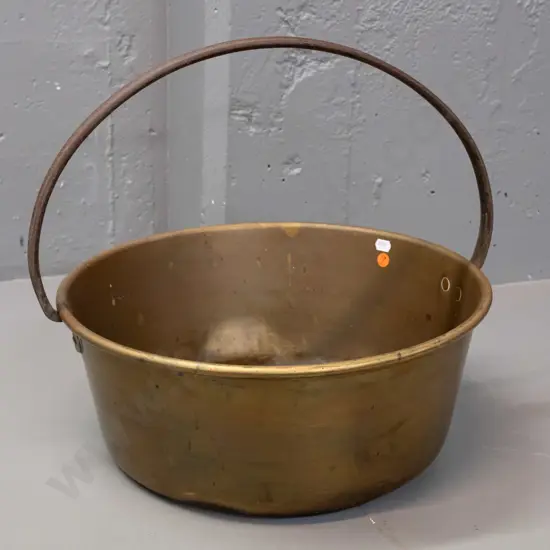 vintage brass jam pan with fixed cast metal handle - dents and discolouration, corrosion on handle H-375 D-420