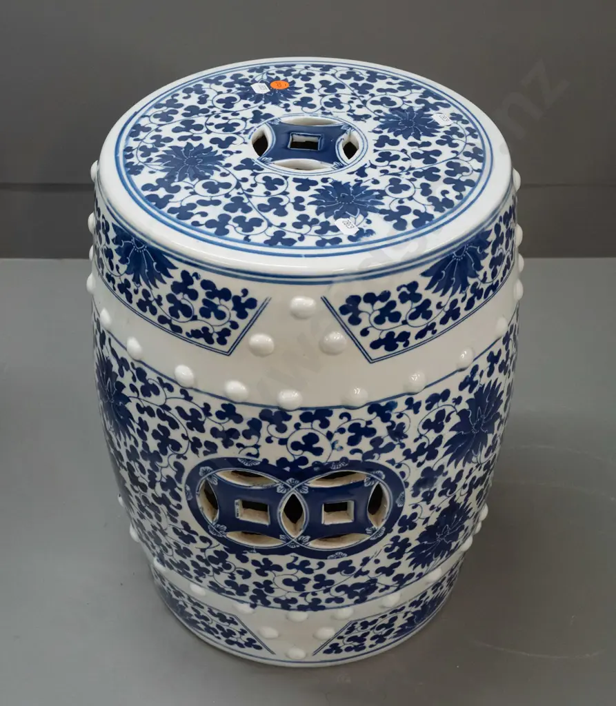 Chinese blue and white ceramic garden seat with pierced cutouts in top and sides, raised stud pattern H-420 D-290 at top Image 1++