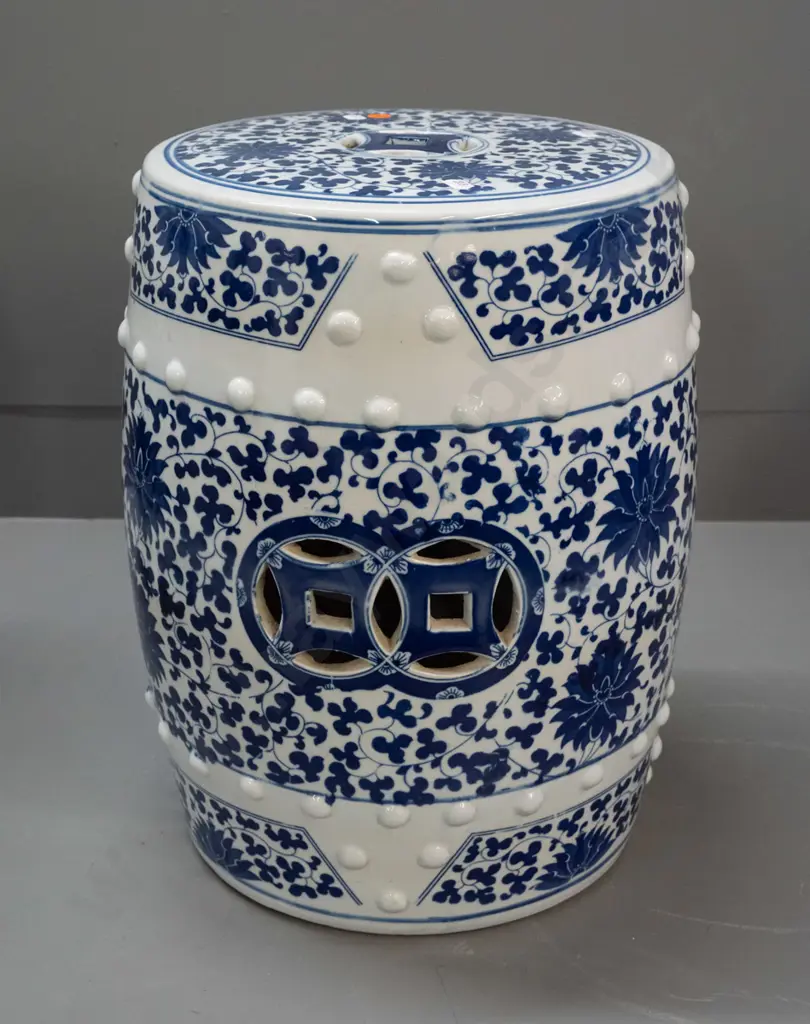 Chinese blue and white ceramic garden seat with pierced cutouts in top and sides, raised stud pattern H-420 D-290 at top Image 1++