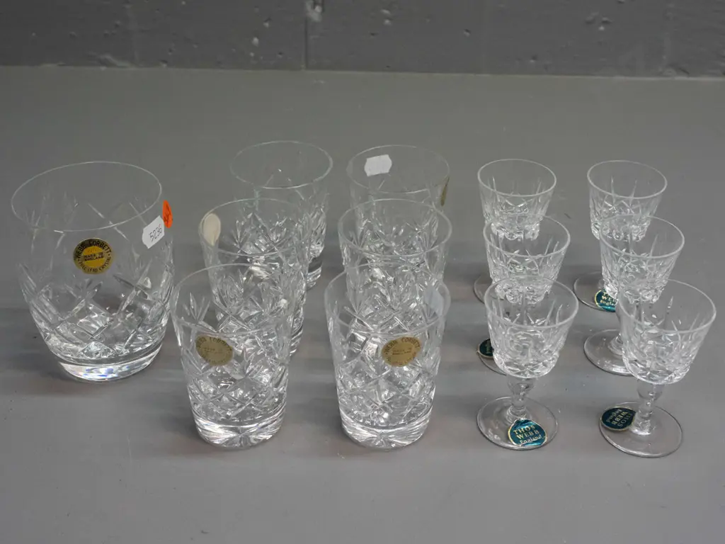 6 Webb-Corbett cut crystal shot glasses, single tumbler H-100 and 6 Thomas Webb liqueur glasses Image 1++