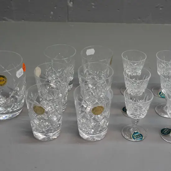 6 Webb-Corbett cut crystal shot glasses, single tumbler H-100 and 6 Thomas Webb liqueur glasses