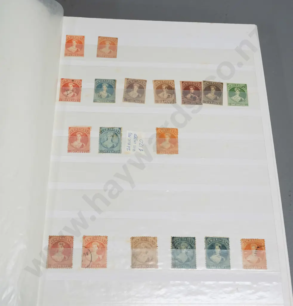 stamp album with vintage New Zealand contents - many multiples in very good condition - early full face Victoria onwards Image 1++