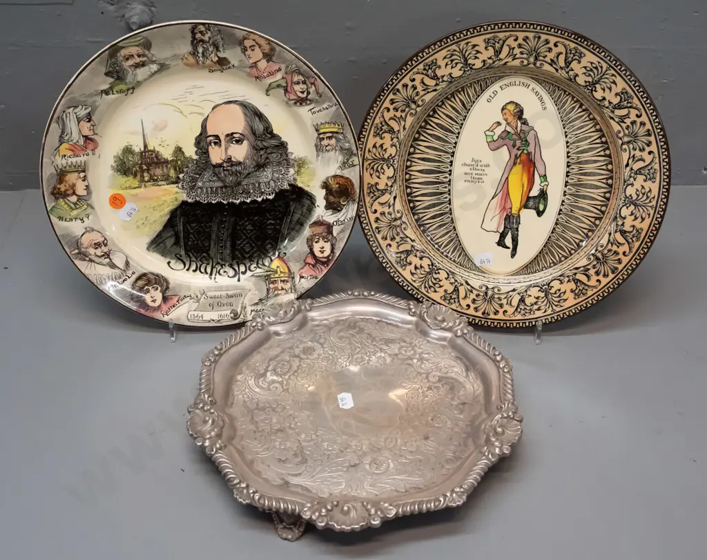 2 Royal Doulton display plates and a rococo style silver plated tray on scroll feet, marked GA with elephant head logo. Image 1++