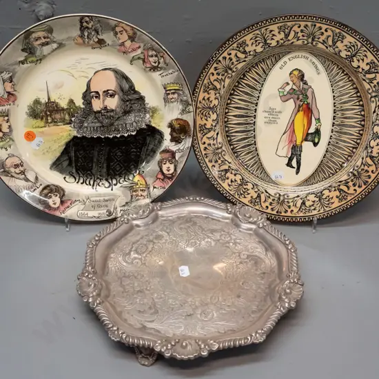 2 Royal Doulton display plates and a rococo style silver plated tray on scroll feet, marked GA with elephant head logo.