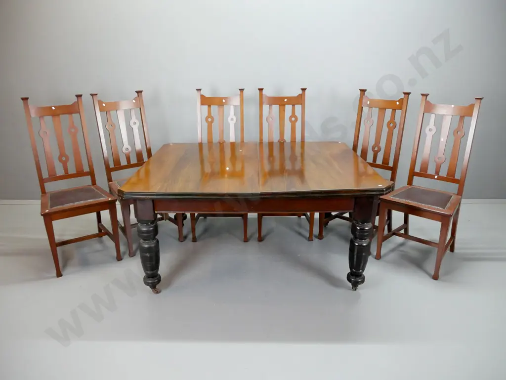 vintage New Zealand colonial kauri wind-out turned leg dining table with 6 walnut slat back arts & crafts chairs with Image 1++