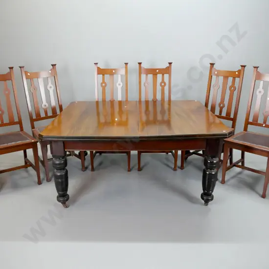 vintage New Zealand colonial kauri wind-out turned leg dining table with 6 walnut slat back arts & crafts chairs with