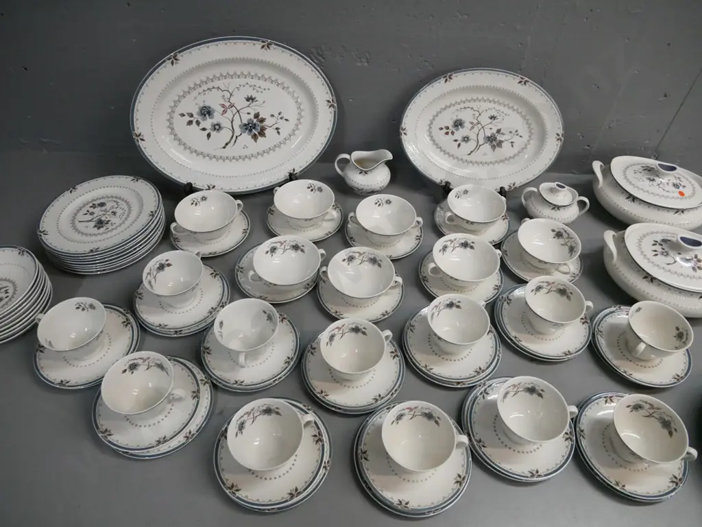 Royal Doulton Old Colony pattern 8-place dinner set, w/ 2 ashets, 2 lidded vegetable tureens, 12x trios, milk & sugar. Image 1++