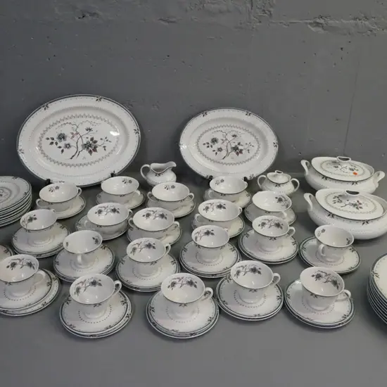 Royal Doulton Old Colony pattern 8-place dinner set, w/ 2 ashets, 2 lidded vegetable tureens, 12x trios, milk & sugar.