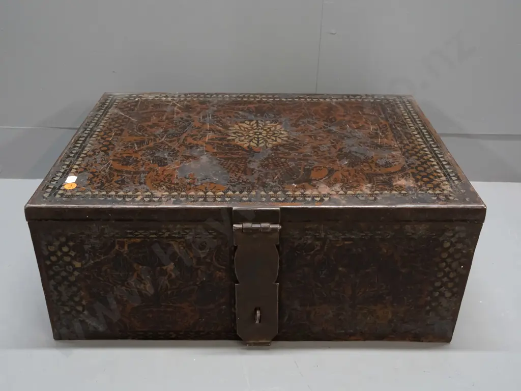 Russian steel strong box with hinged lid, 5 bar lock (missing one lug) and padlock hasp with rotating catch, metal side Image 1++
