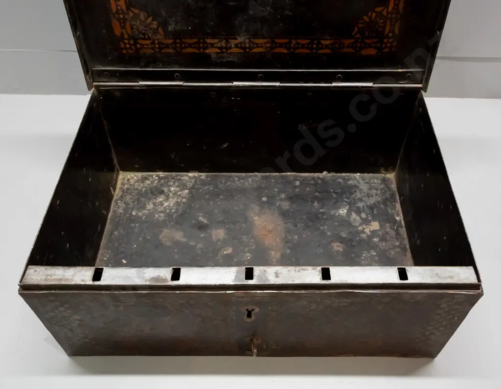 Russian steel strong box with hinged lid, 5 bar lock (missing one lug) and padlock hasp with rotating catch, metal side Image 1++