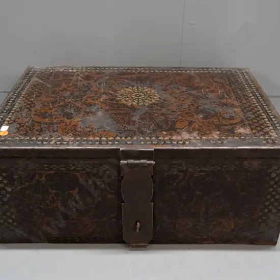 Russian steel strong box with hinged lid, 5 bar lock (missing one lug) and padlock hasp with rotating catch, metal side