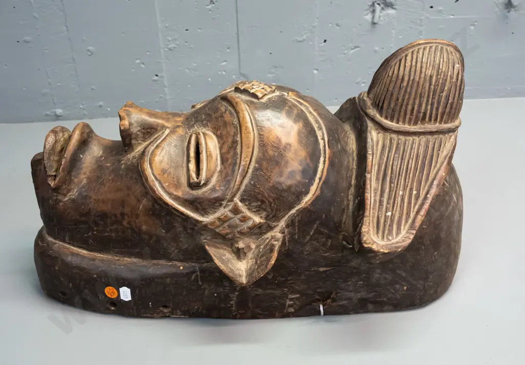 large carved timber mask - Chokwe / possibly Congo / Angola according to note - some chips, crack & age wear, historic Image 1++