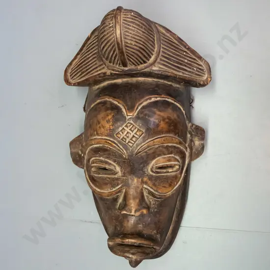 large carved timber mask - Chokwe / possibly Congo / Angola according to note - some chips, crack & age wear, historic