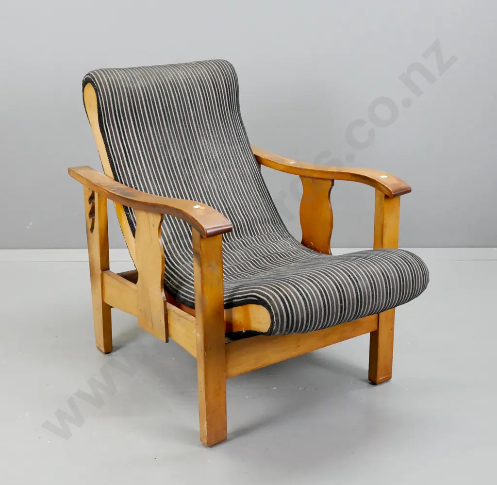 unusual vintage kauri and rimu Morris type chair with curved seat, adjustable height back rail - some stains and wear to Image 1++