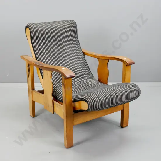 unusual vintage kauri and rimu Morris type chair with curved seat, adjustable height back rail - some stains and wear to