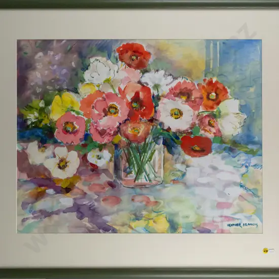 Heather Francis - framed watercolour "Iceland poppies" H520 W660