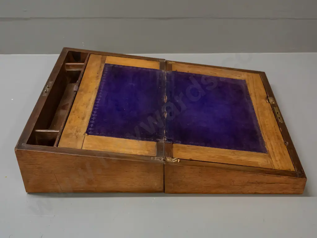 restorer's walnut writing box with bands of mixed timber inlay decoration, one hinge bent and loose, some veneer loss on Image 1++