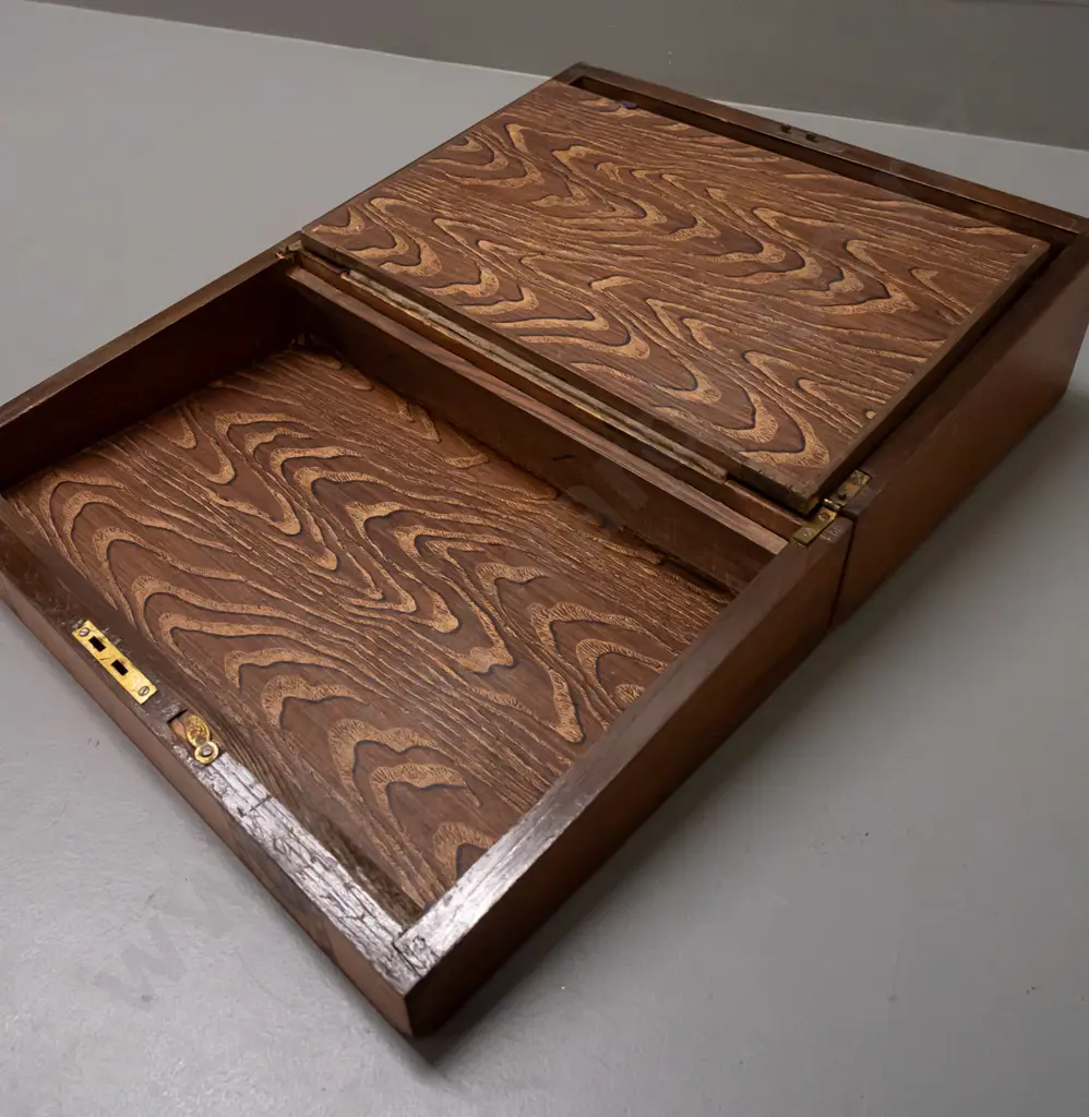 restorer's walnut writing box with bands of mixed timber inlay decoration, one hinge bent and loose, some veneer loss on Image 1++