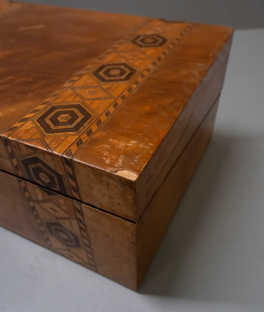 restorer's walnut writing box with bands of mixed timber inlay decoration, one hinge bent and loose, some veneer loss on Image 1++