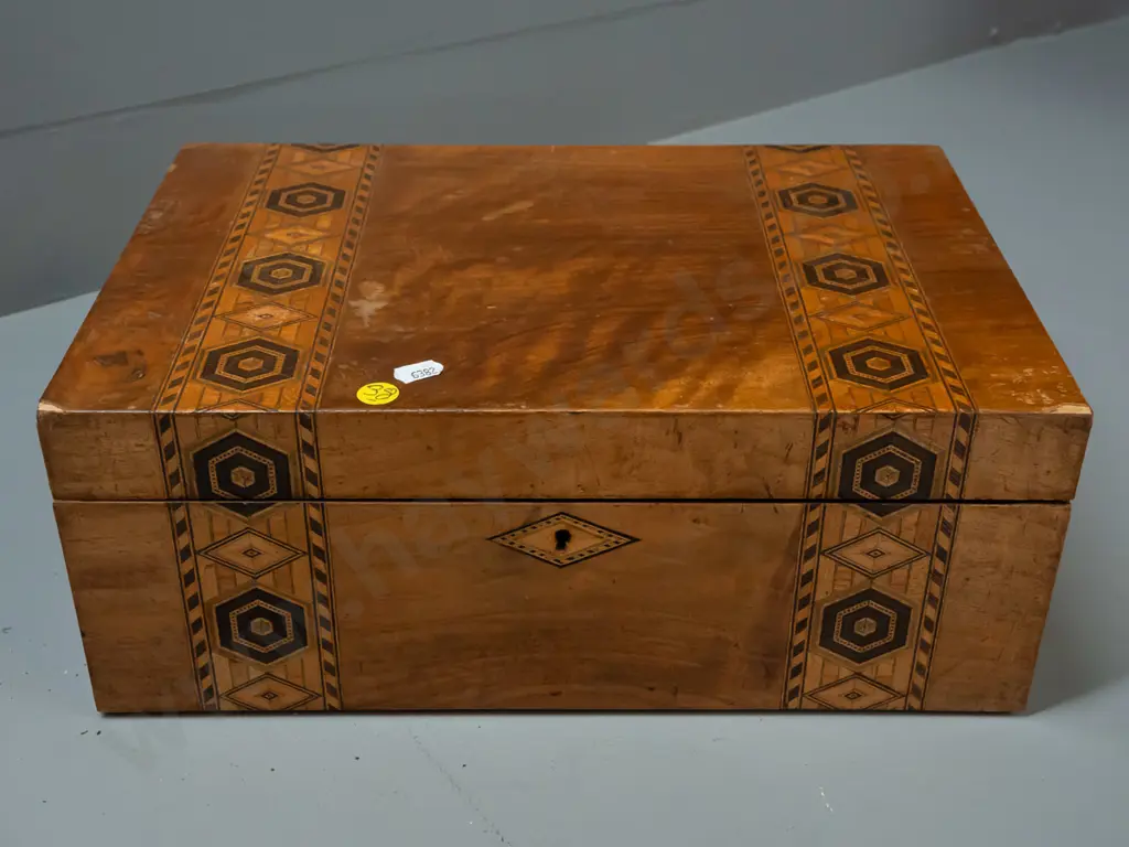 restorer's walnut writing box with bands of mixed timber inlay decoration, one hinge bent and loose, some veneer loss on Image 1++