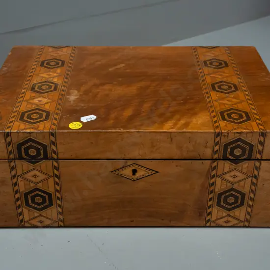 restorer's walnut writing box with bands of mixed timber inlay decoration, one hinge bent and loose, some veneer loss on