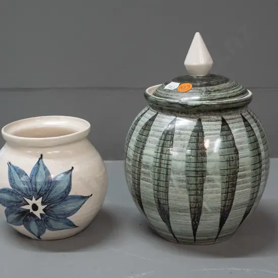 2 Hanmer pottery items - smaller one without lid has a few glaze flecks around rim. Large one is H-220 D-130