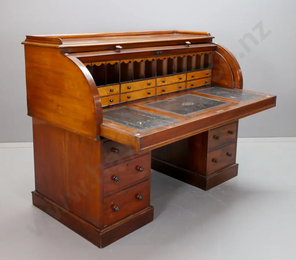 early Victorian mahogany cylinder-top double-pedestal desk with pull out writing area, 3 leather panels with one Image 1++