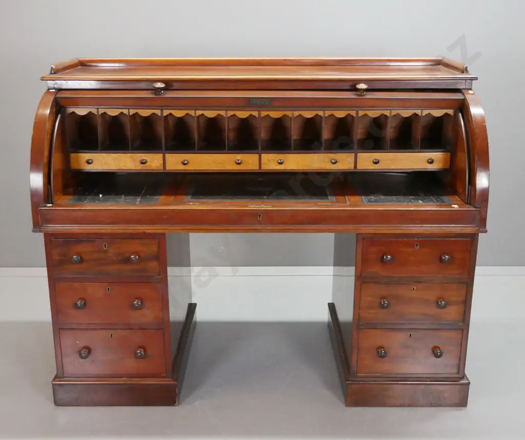 early Victorian mahogany cylinder-top double-pedestal desk with pull out writing area, 3 leather panels with one Image 1++