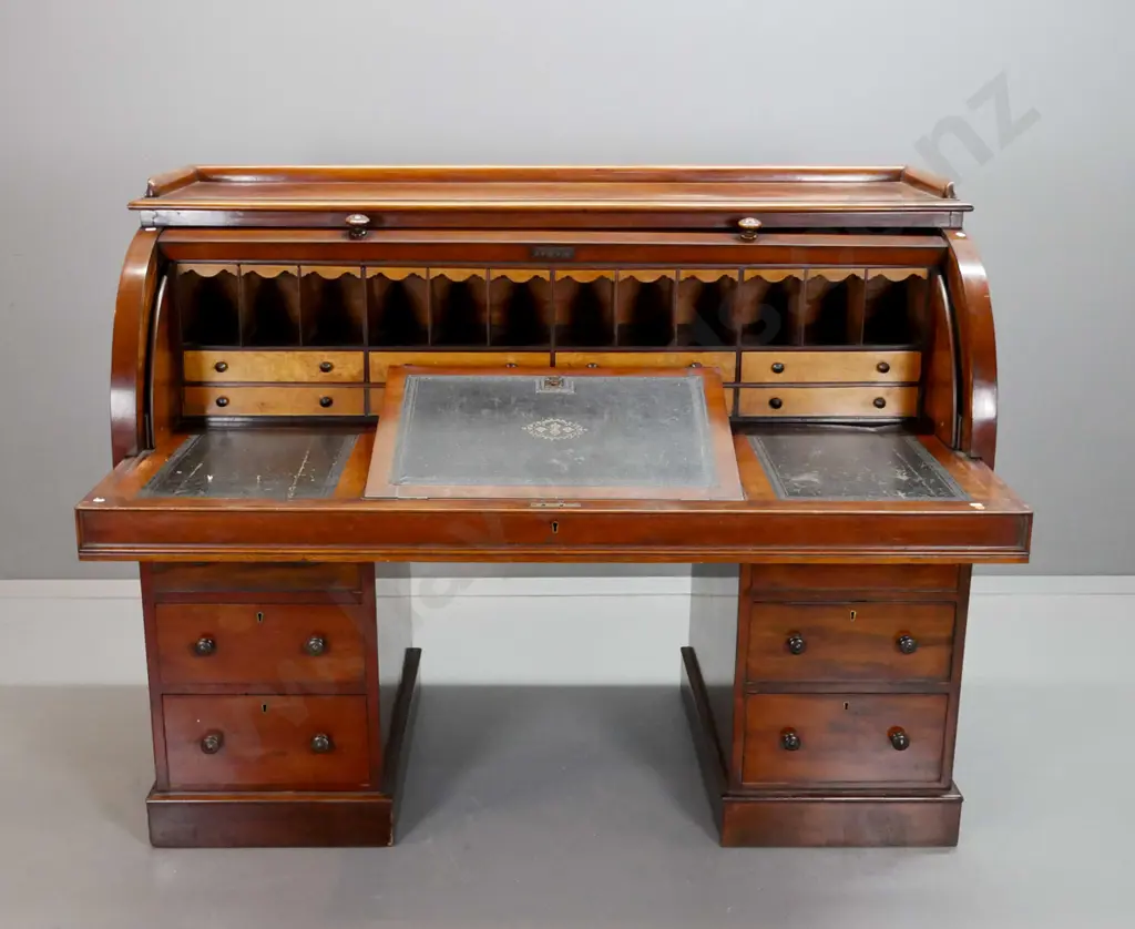 early Victorian mahogany cylinder-top double-pedestal desk with pull out writing area, 3 leather panels with one Image 1++