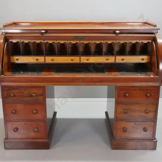 early Victorian mahogany cylinder-top double-pedestal desk with pull out writing area, 3 leather panels with one