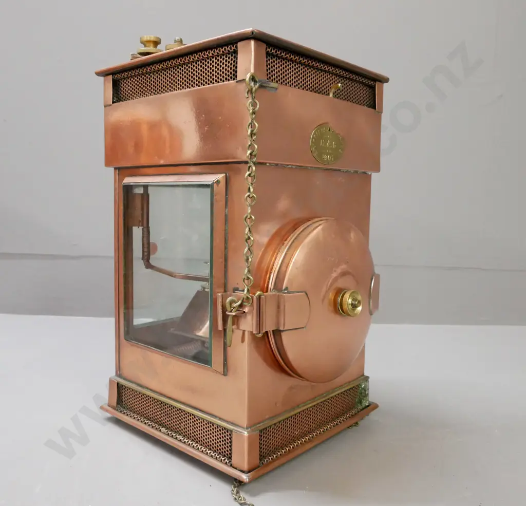 vintage lantern dated 1901, Griffiths & Sons. Copper with brass fittings, glass panels. Makers label partially torn. Image 1++
