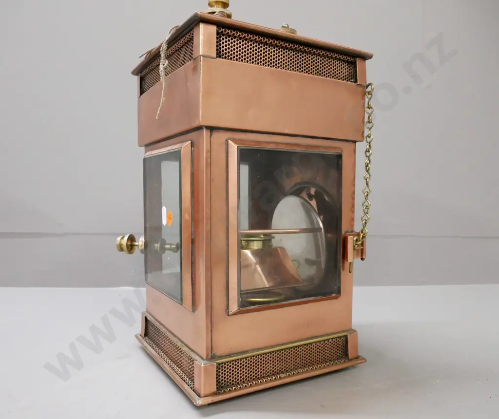 vintage lantern dated 1901, Griffiths & Sons. Copper with brass fittings, glass panels. Makers label partially torn. Image 1++