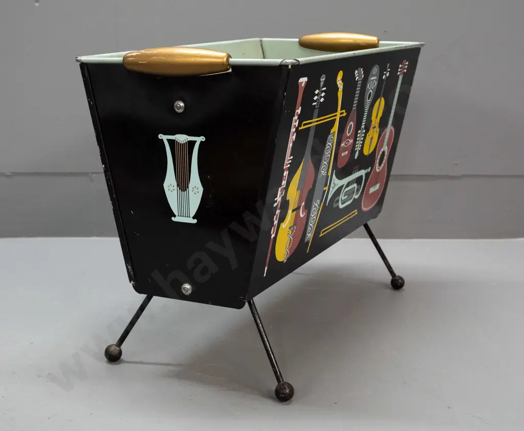 Worcester Ware England retro metal magazine rack with multi coloured musical instrument motifs, gold painted wooden Image 1++