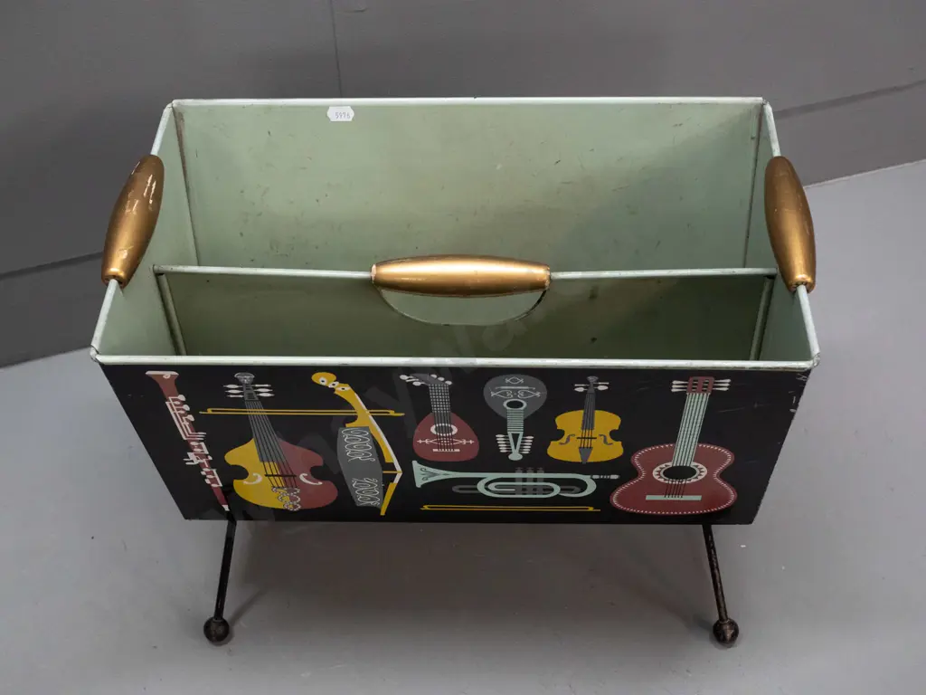 Worcester Ware England retro metal magazine rack with multi coloured musical instrument motifs, gold painted wooden Image 1++
