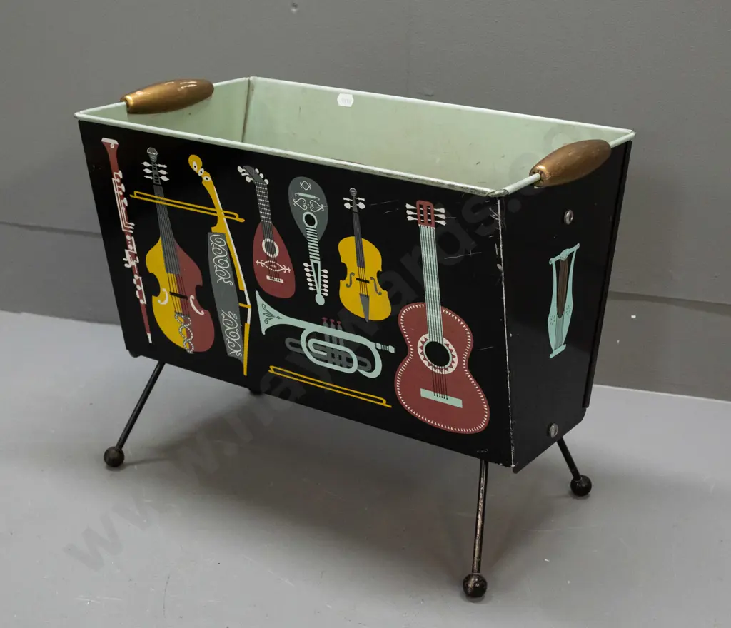 Worcester Ware England retro metal magazine rack with multi coloured musical instrument motifs, gold painted wooden Image 1++