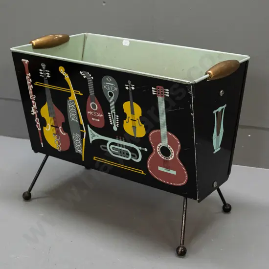 Worcester Ware England retro metal magazine rack with multi coloured musical instrument motifs, gold painted wooden