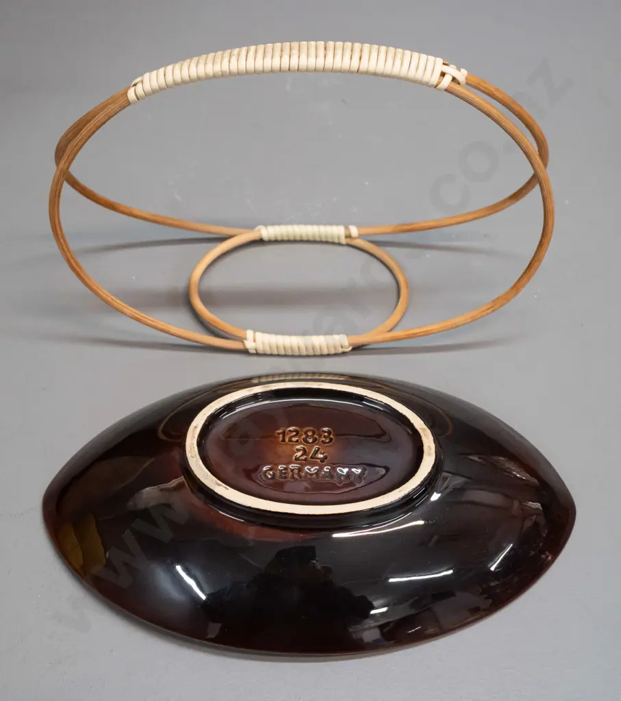 retro German pottery handled serving dish with woven plastic and cane handle H-170 L-240 Image 1++