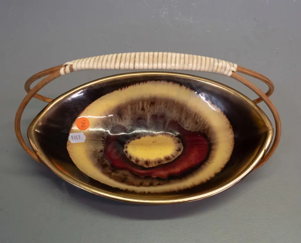 retro German pottery handled serving dish with woven plastic and cane handle H-170 L-240 Image 1++