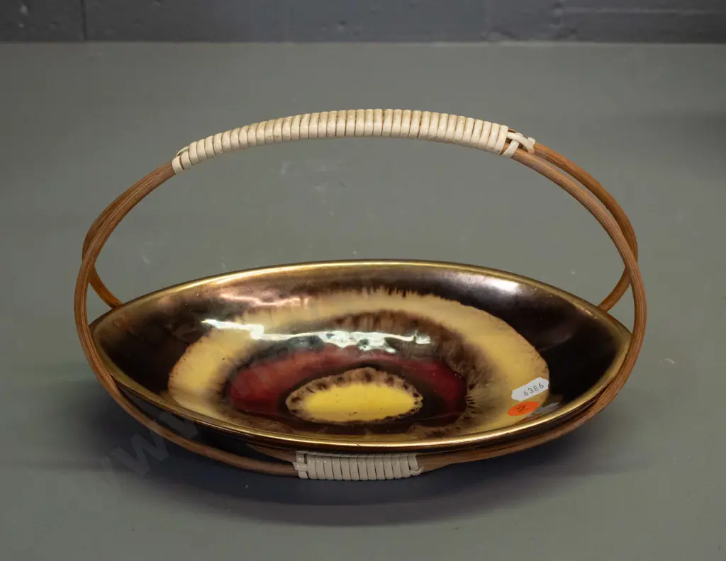 retro German pottery handled serving dish with woven plastic and cane handle H-170 L-240 Image 1++