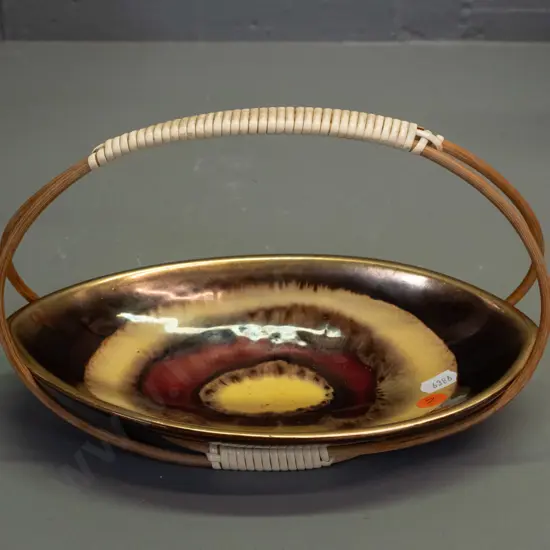 retro German pottery handled serving dish with woven plastic and cane handle H-170 L-240