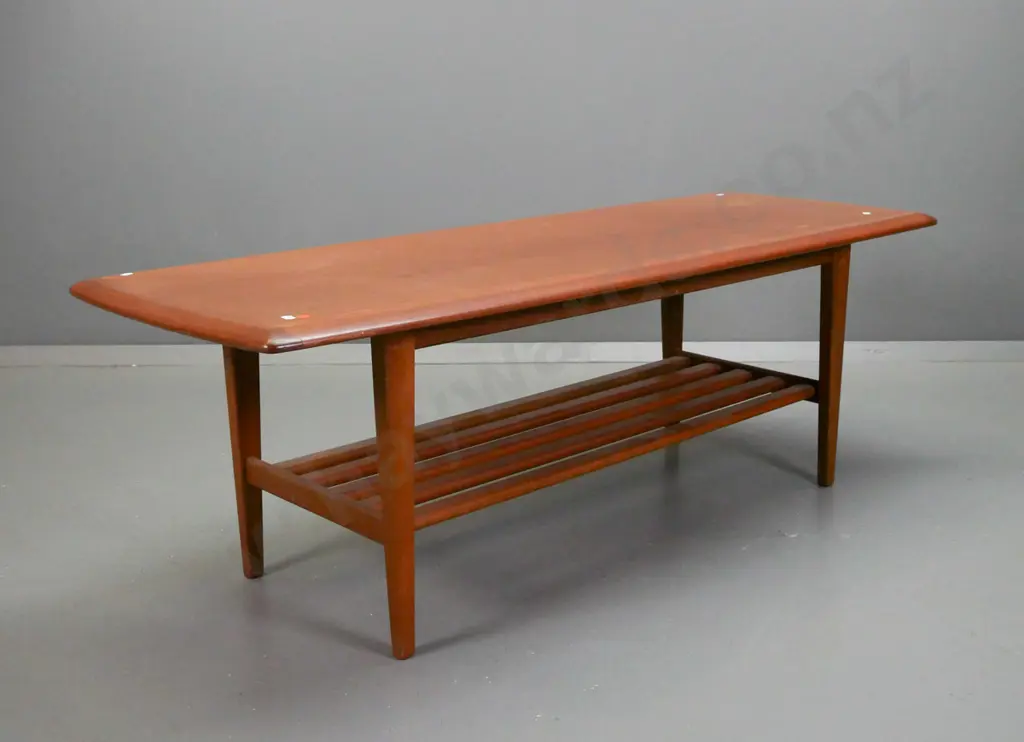 retro mahogany coffee table with slatted magazine shelf, tapered legs - has rings and staining to top surface H-430 Image 1++