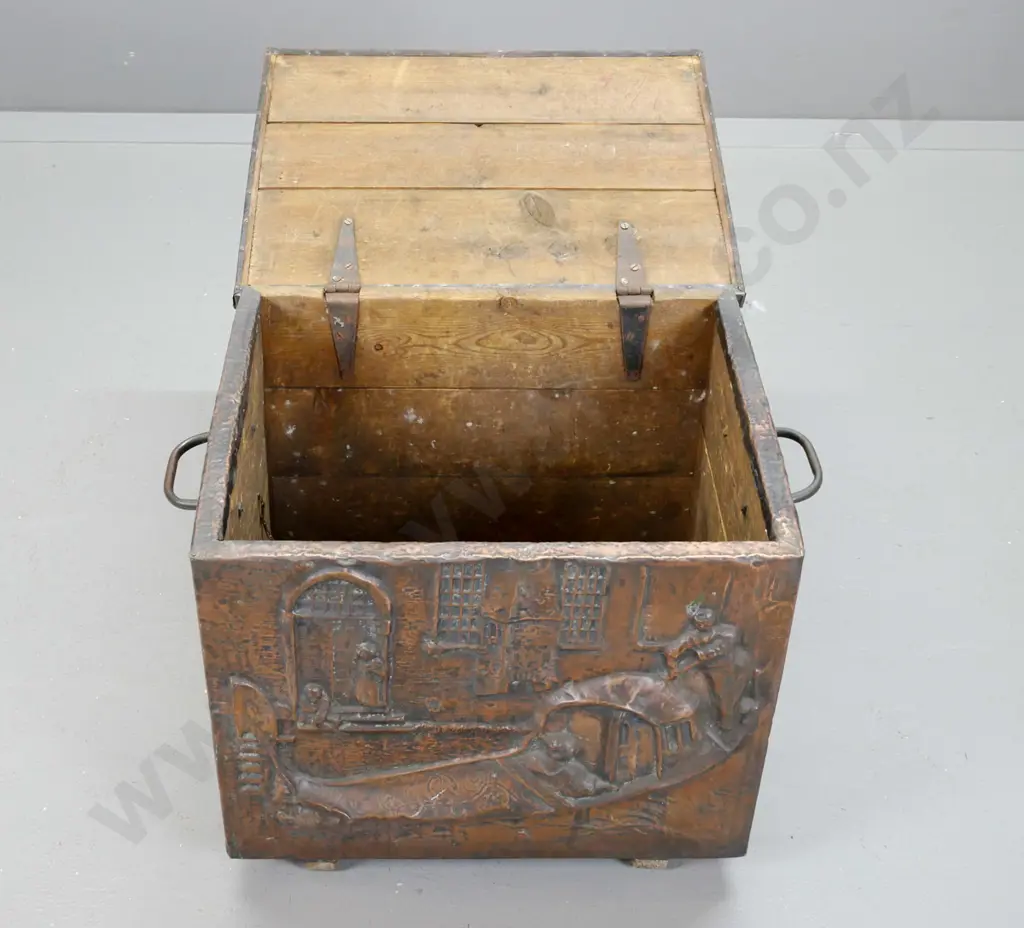 vintage timber and beaten copper wood box with cottage scene on front and sides, carry handles, some dents & tarnishing, Image 1++