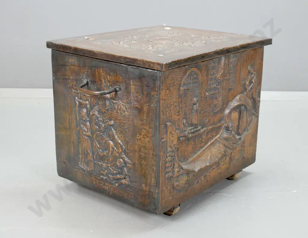 vintage timber and beaten copper wood box with cottage scene on front and sides, carry handles, some dents & tarnishing, Image 1++