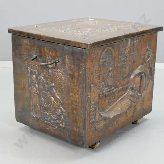 vintage timber and beaten copper wood box with cottage scene on front and sides, carry handles, some dents & tarnishing,